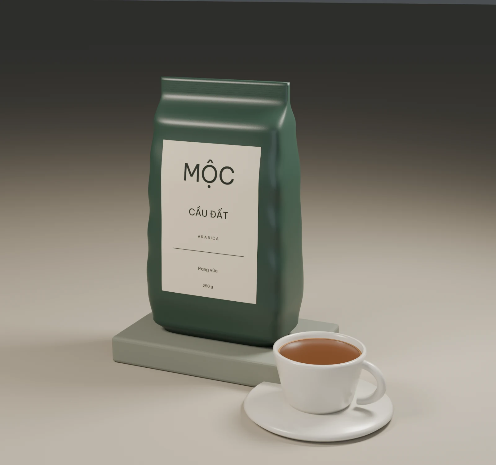 Túi Arabica Cầu Đất MỘC xanh rừng trên bệ đá, nhãn giấy kem và tách espresso dưới ánh sáng xiên.